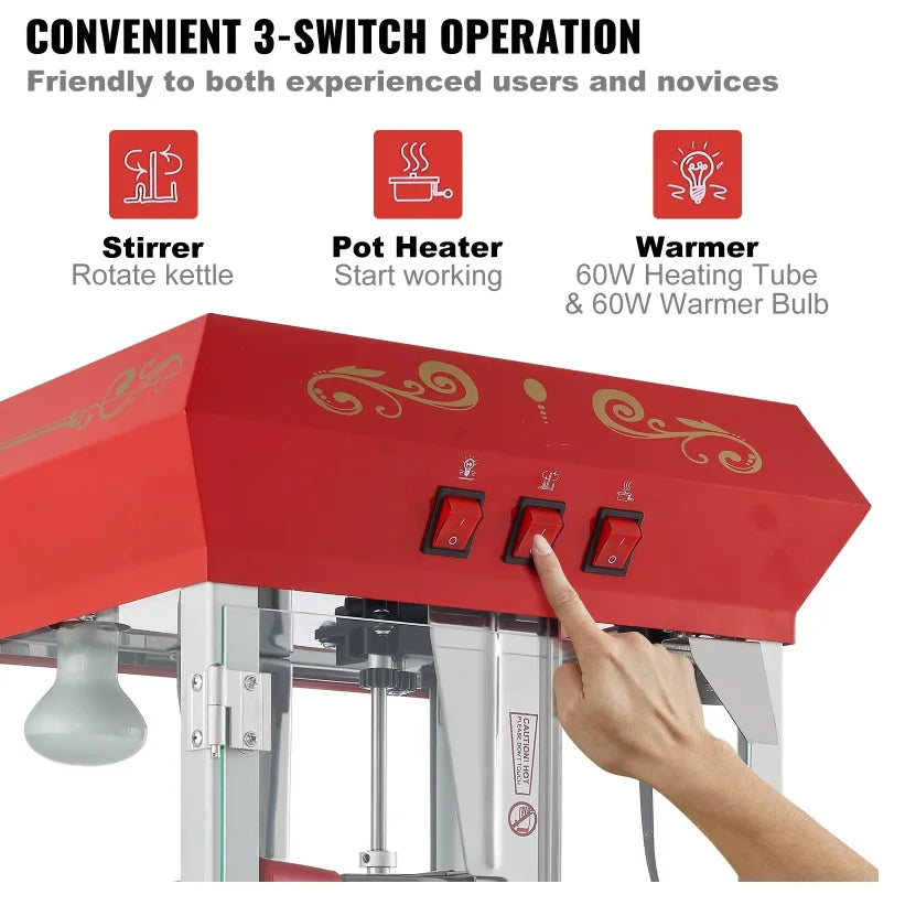 Red appliance with three switches labeled for different functions, featuring a hand pressing one of the switches.