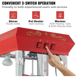 Red appliance with three switches labeled for different functions, featuring a hand pressing one of the switches.