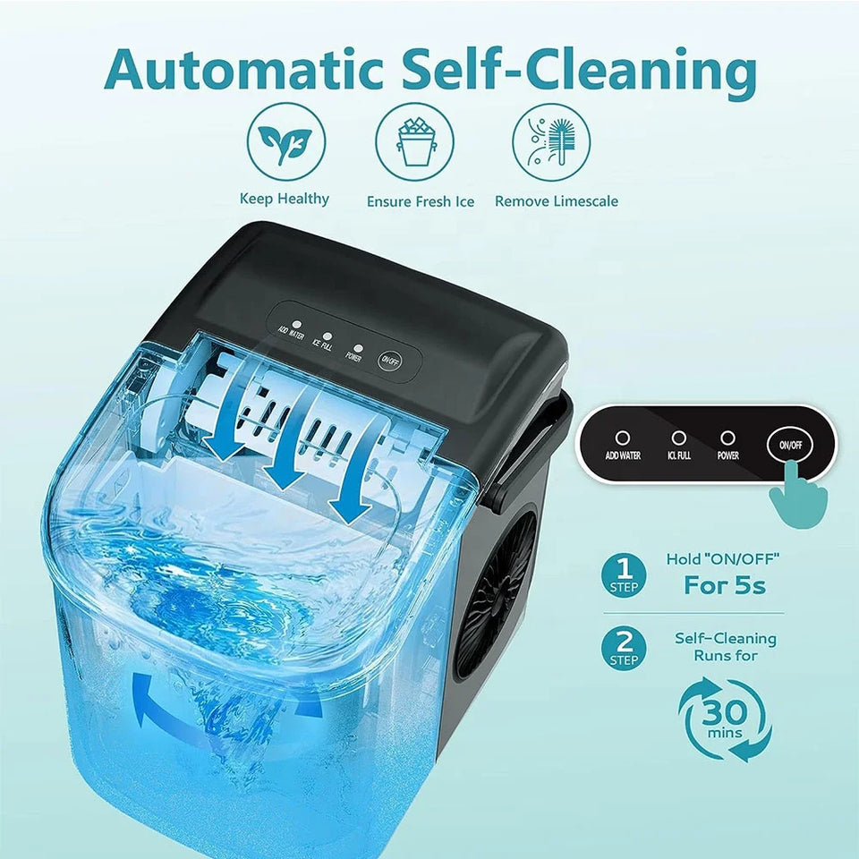 Automatic self-cleaning device with blue water and text on a light blue background
