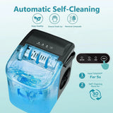 Automatic self-cleaning device with blue water and text on a light blue background