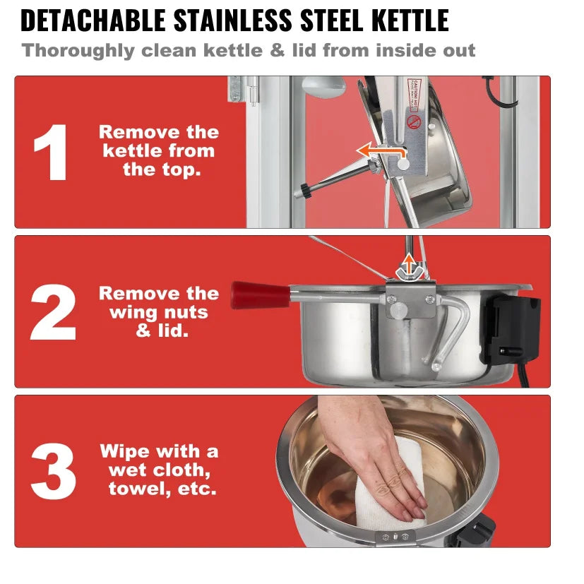 Instructions for cleaning a detachable stainless steel kettle on a red background
