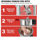Instructions for cleaning a detachable stainless steel kettle on a red background