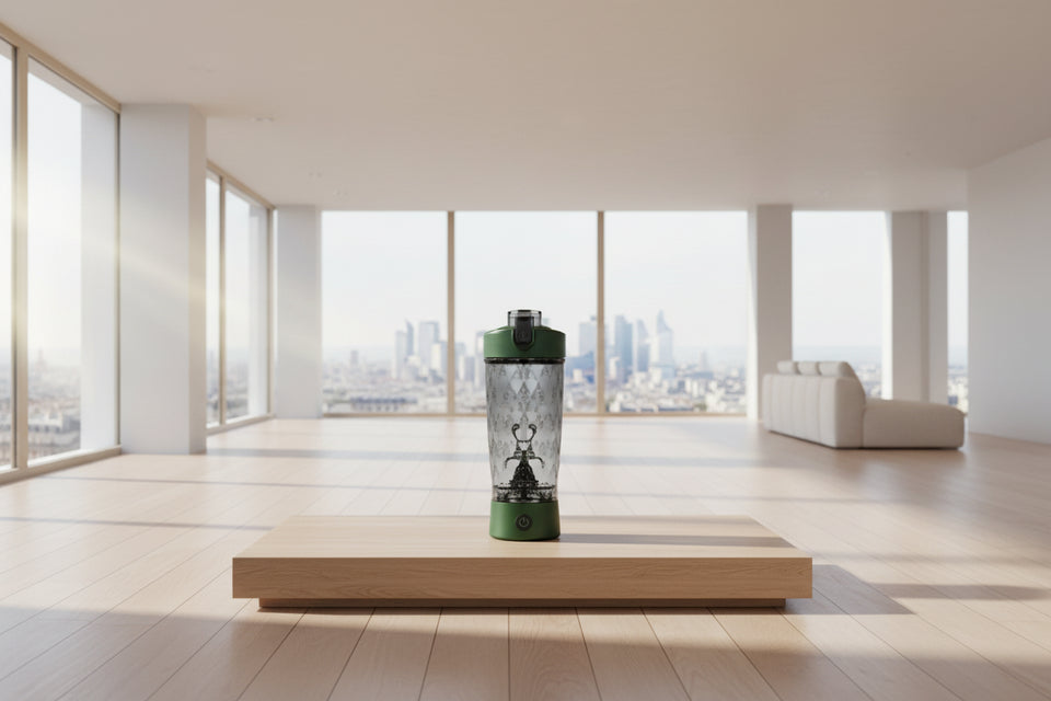 Green bottle with a person's face on it, likely a product or promotional item.