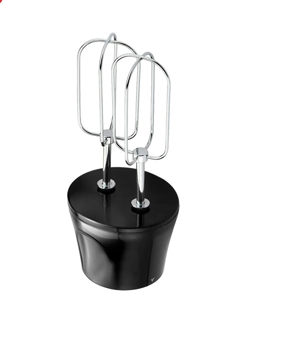 Black stand mixer base with metal attachments on a white background, featuring the sensor