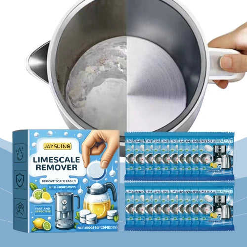 Jaysuing Limescale Remover packaging with before and after cleaning of a kettle.