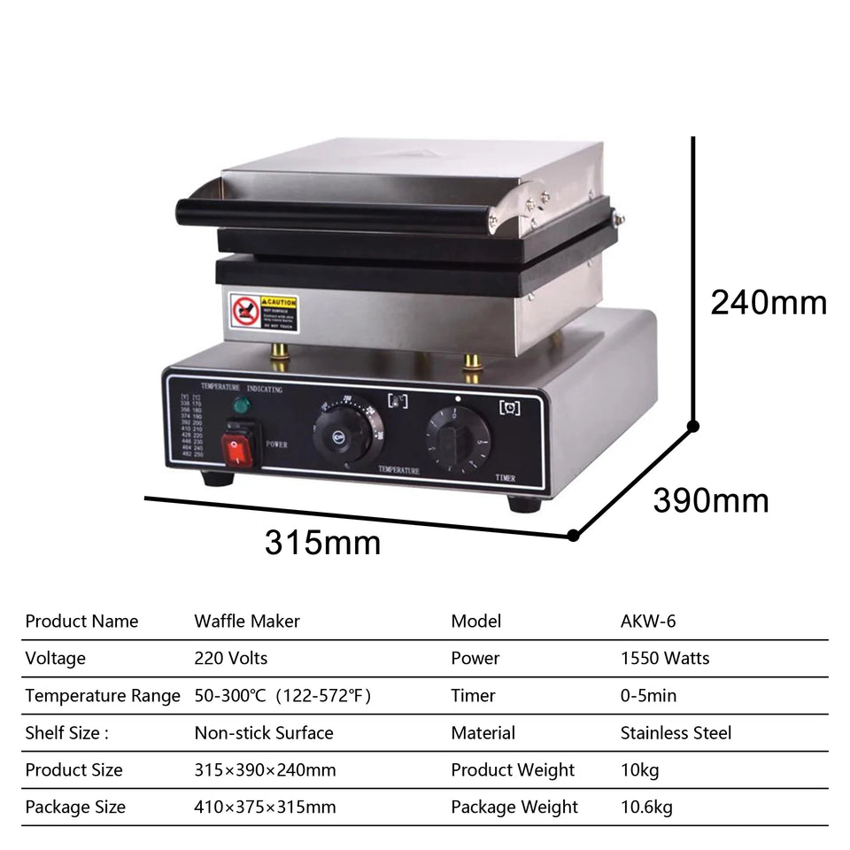 Waffle maker with dimensions and specifications on a white background