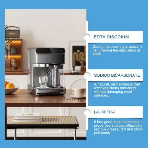 Coffee machine on a kitchen counter with cleaning product information text.
