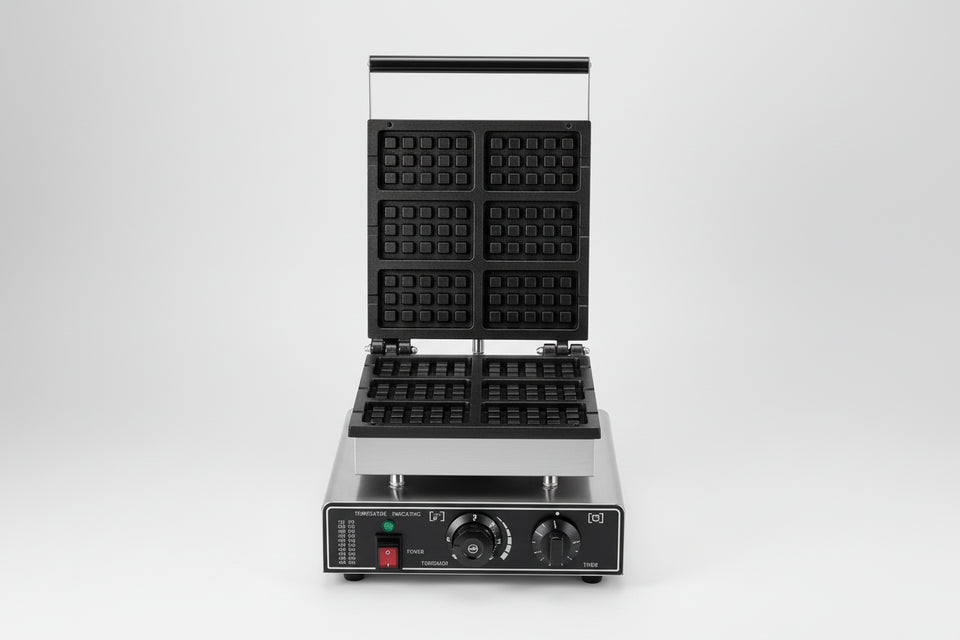 Waffle maker with waffles and berries on a white background