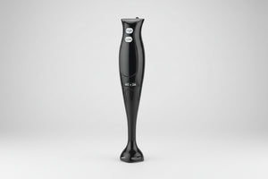 Black handheld blender on a white background
