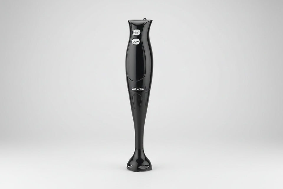 Black handheld blender on a white background