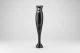 Black handheld blender on a white background