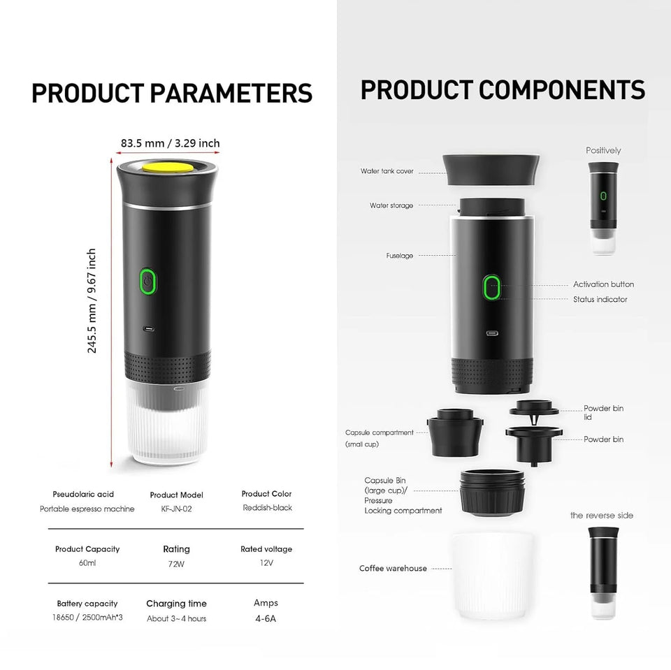 Product parameters and components of a portable espresso machine on a white background.