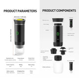 Product parameters and components of a portable espresso machine on a white background.