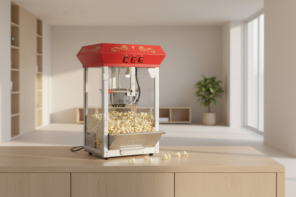 Vevor 8oz countertop popcorn machine with images of popcorn and text on a gray background