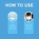 Instructions on how to use a water treatment solution with text and images on a blue background.
