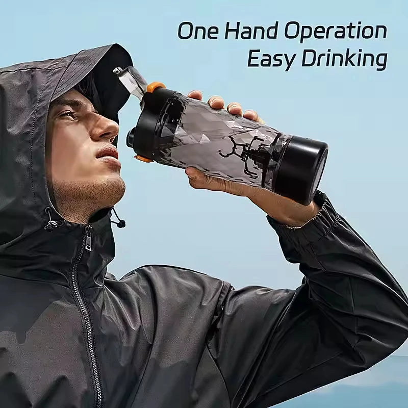 Person in a black jacket drinking from a black and gray water bottle with text 'One Hand Operation Easy Drinking'.