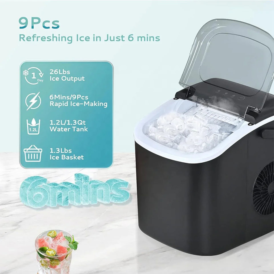 Portable ice maker with features listed on a light blue background