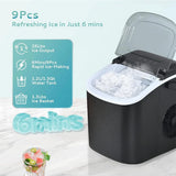 Portable ice maker with features listed on a light blue background