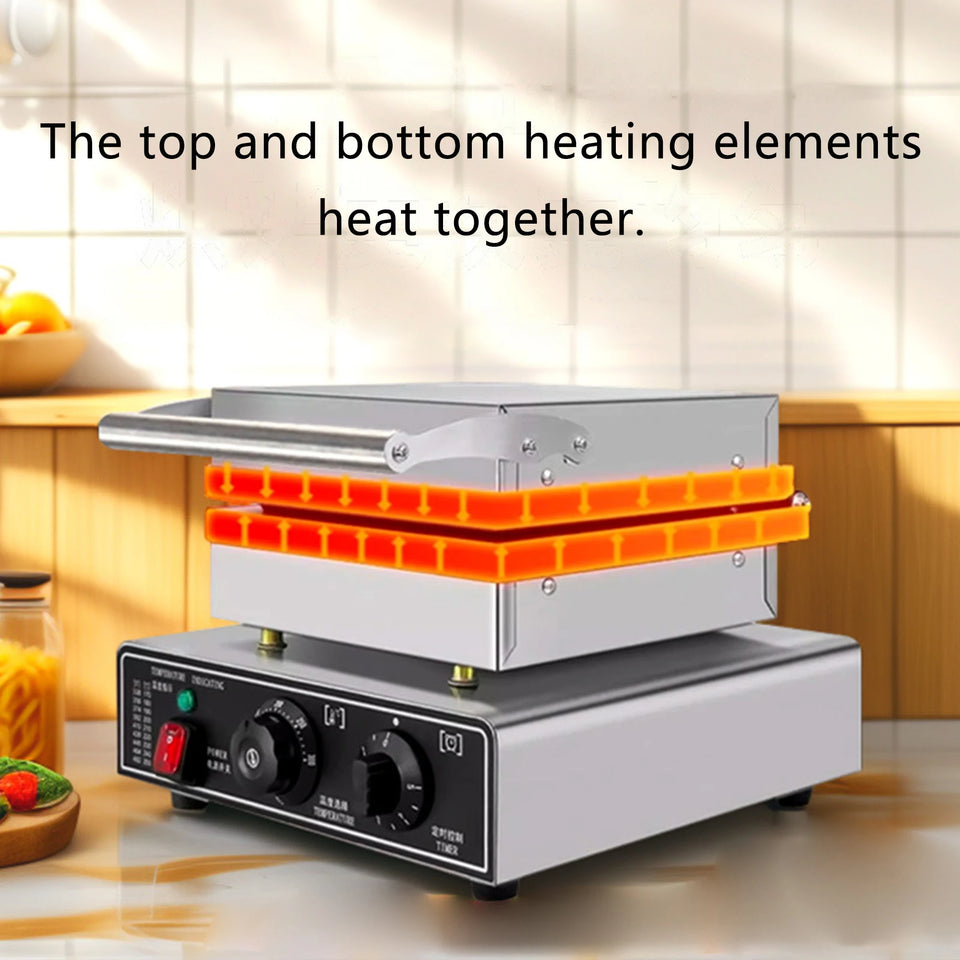 Hot dog grill with top and bottom heating elements on a kitchen counter.