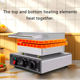 Hot dog grill with top and bottom heating elements on a kitchen counter.
