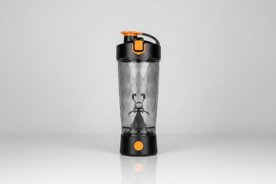 Black and silver blender with a person figure on a white background
