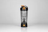 Black and silver blender with a person figure on a white background