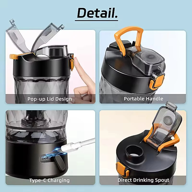 Product details of a black and orange water bottle with features highlighted.