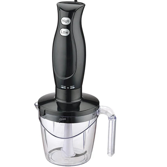 Black handheld blender with clear container on a white background, featuring the products