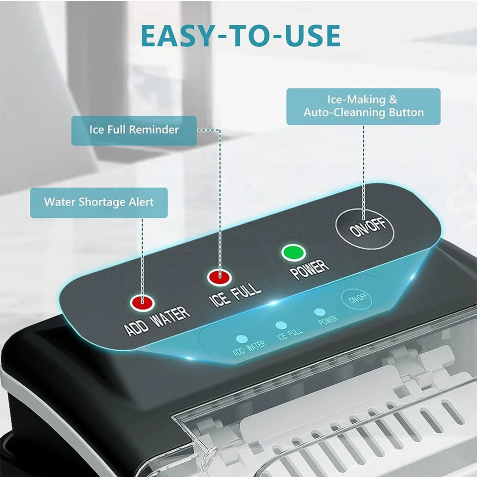 Control panel of an ice maker with labeled features on a white background