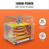 Hot air circulation device with 1800W power and 360° hot air circulation on an orange background.