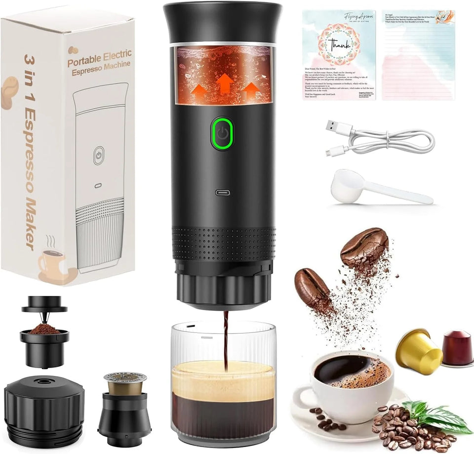 Portable electric espresso machine with accessories and coffee-related items on a white background