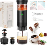 Portable electric espresso machine with accessories and coffee-related items on a white background