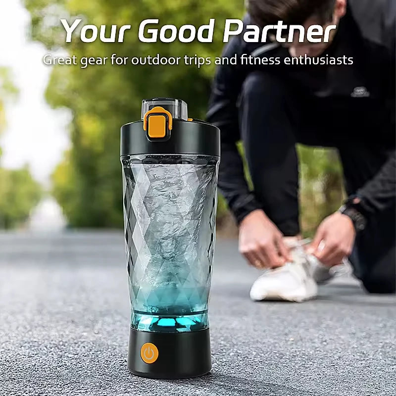 Black and orange shaker bottle with a person preparing for a run in the background