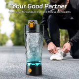 Black and orange shaker bottle with a person preparing for a run in the background